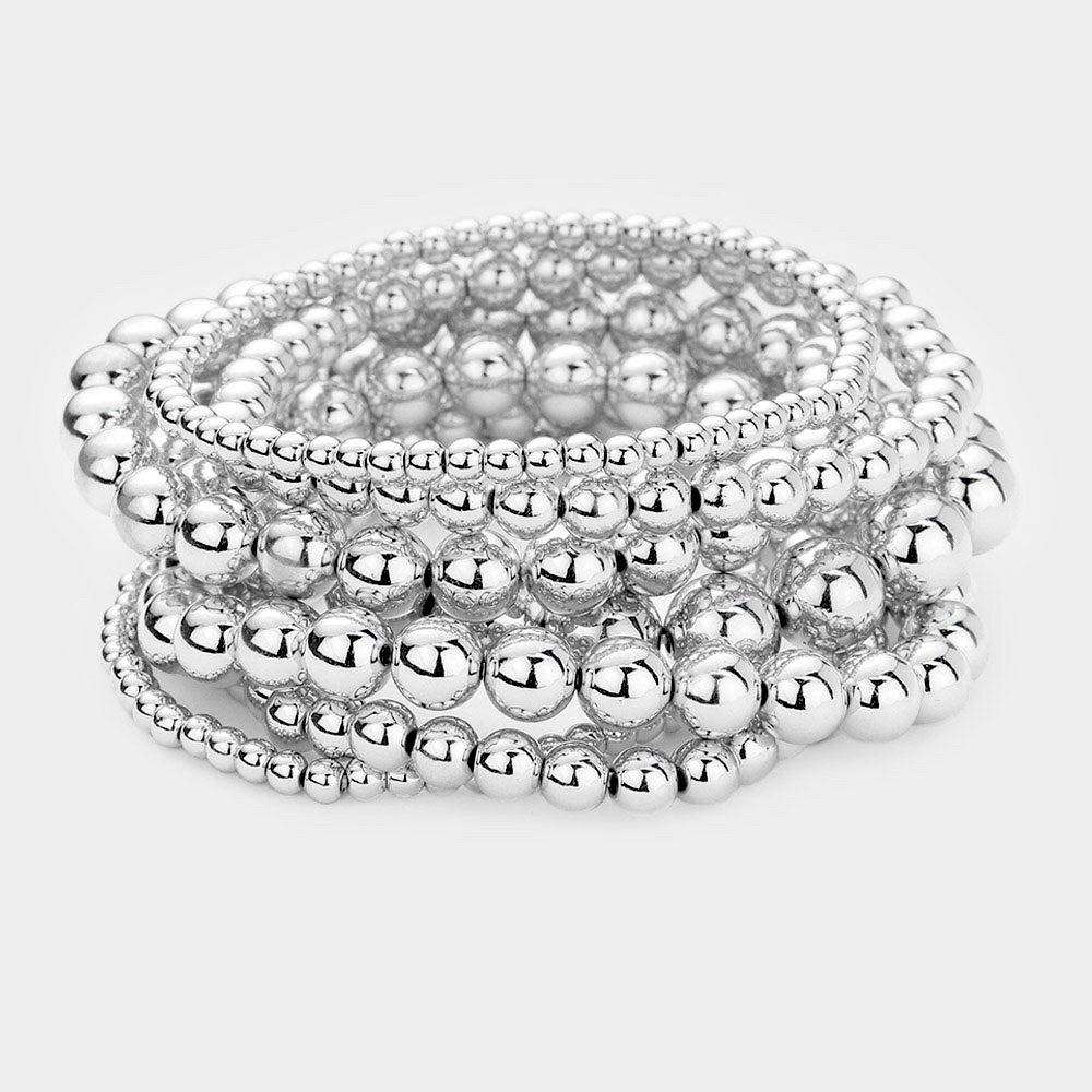 7 Pc Silver Stretch Mix Metal Chain Ball Bracelet